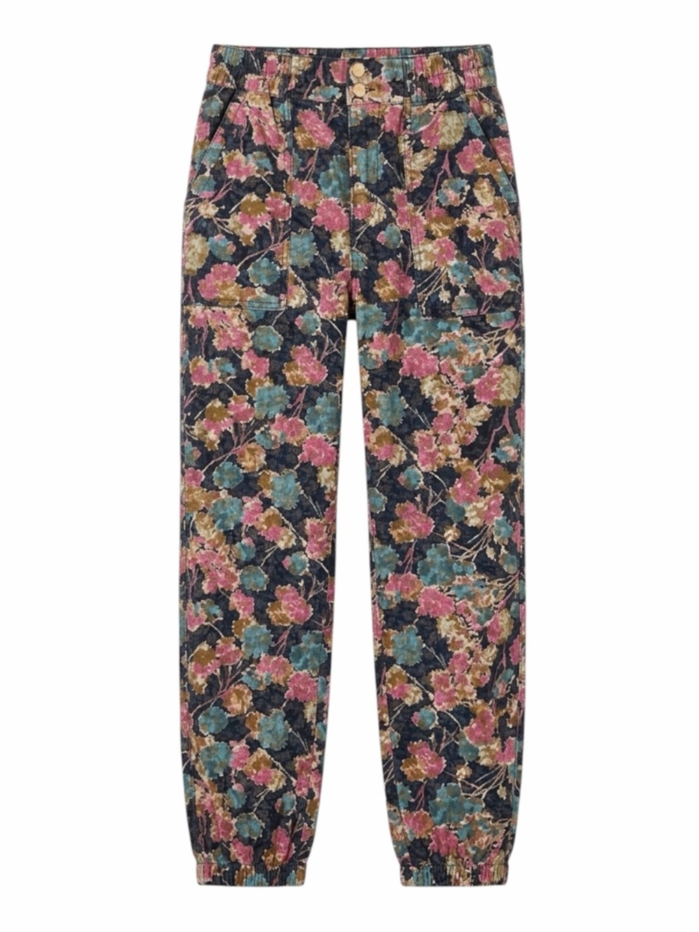 Anthropologie Floral Corduroy Jogger Pants in Navy, Pink & Teal